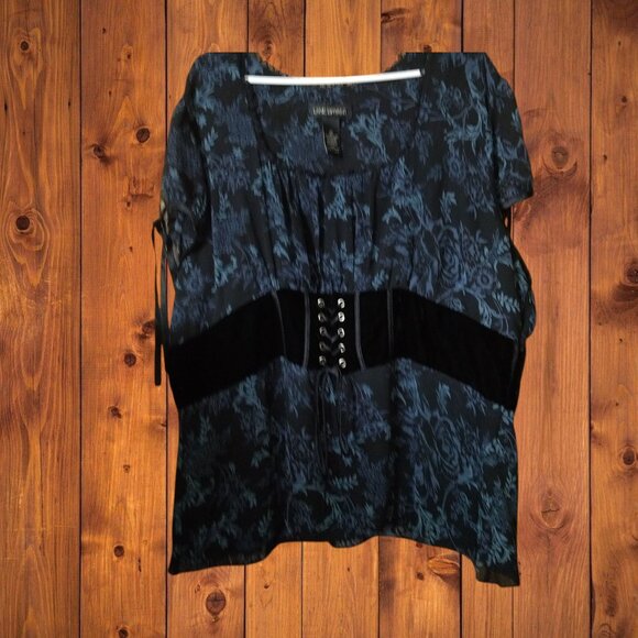 Lane Bryant Women's Size 24 Blue Floral Velvet Corset Waist Top Witchy Goth - Picture 1 of 5